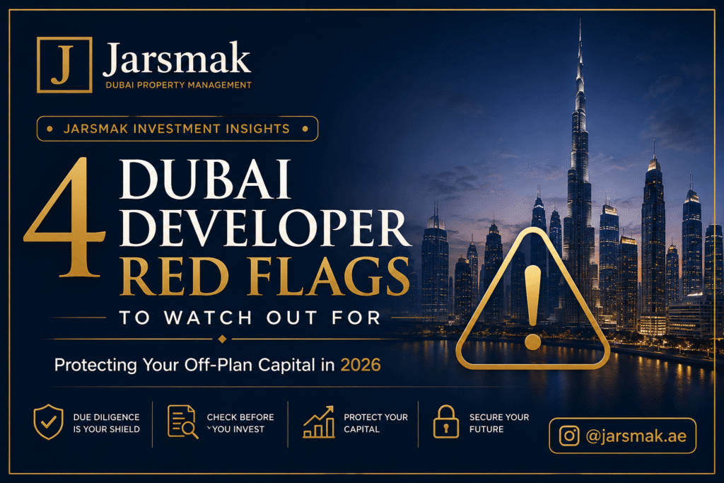 Dubai developer red flags graphic displaying a luxury Dubai skyline and financial asset protection metrics.