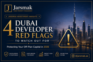 Dubai developer red flags graphic displaying a luxury Dubai skyline and financial asset protection metrics.
