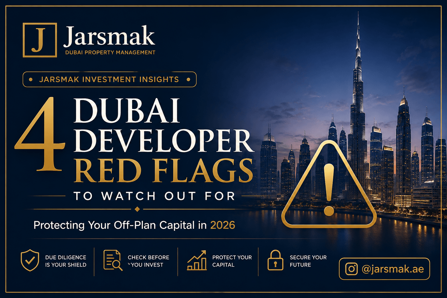 Dubai developer red flags graphic displaying a luxury Dubai skyline and financial asset protection metrics.