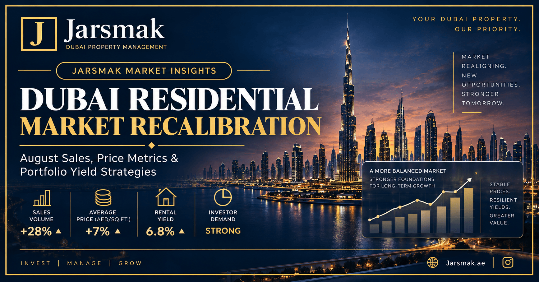 Dubai residential market price update chart displaying August property sales volume and per square foot metrics over a luxury Dubai skyline.