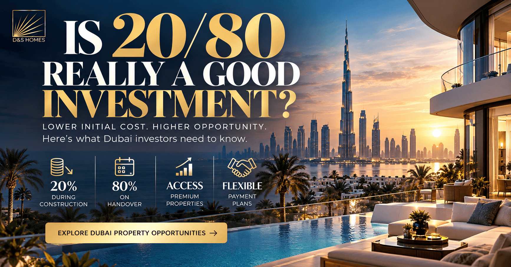 Dubai 20/80 payment plan investment guide with luxury property and Dubai skyline