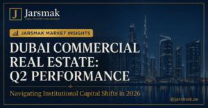 Dubai commercial real estate investment chart displaying office, retail, and industrial market updates over a luxury Dubai skyline.