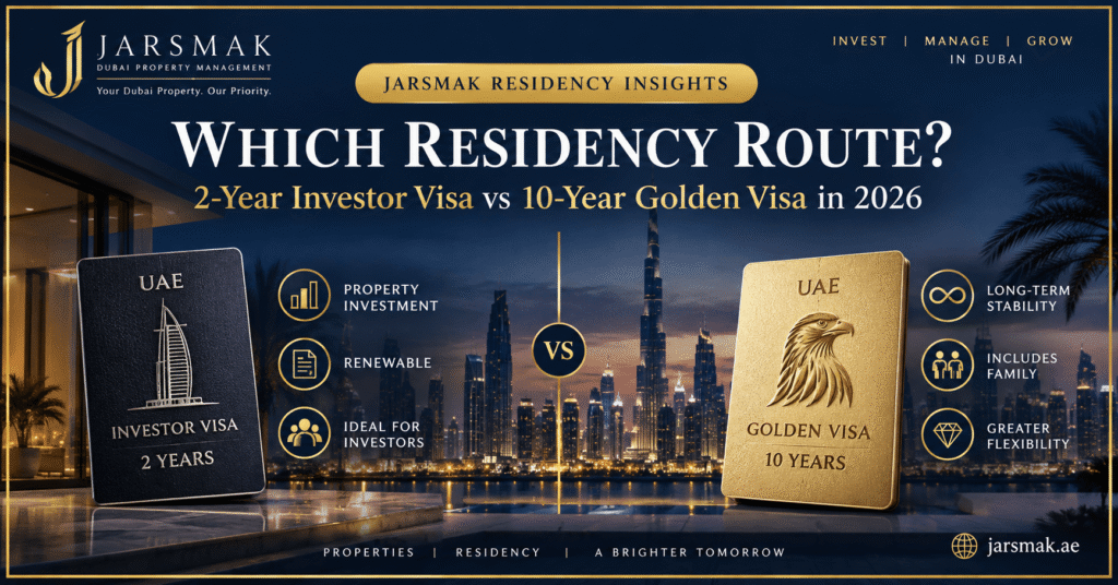Dubai property residency routes comparison graphic showing 2-year investor visa and 10-year golden visa options over a luxury Dubai skyline.