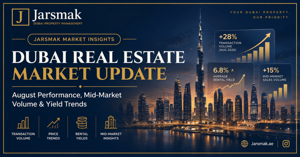 Dubai residential market report graphic displaying August property transaction metrics over a luxury Dubai skyline.