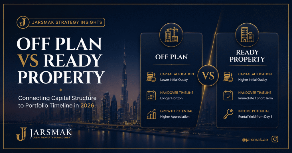 Off plan vs ready property strategy comparison graphic displaying a luxury Dubai skyline and financial asset management metrics.
