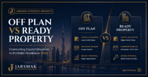 Off plan vs ready property strategy comparison graphic displaying a luxury Dubai skyline and financial asset management metrics.