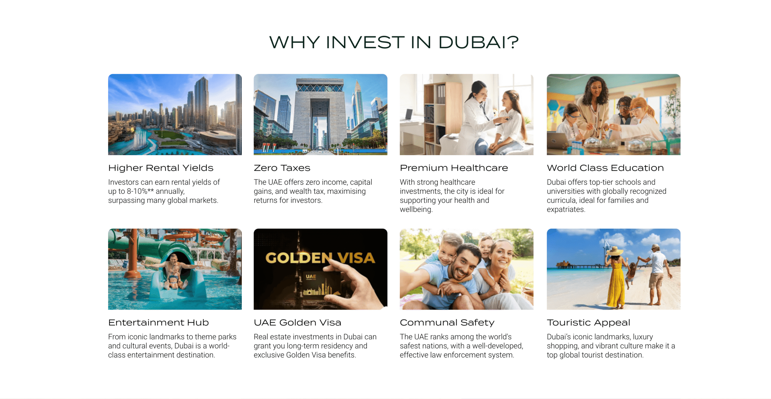 Why invest in dubai property visual summary showing zero tax benefits, high rental yields, and luxury lifestyle perks.