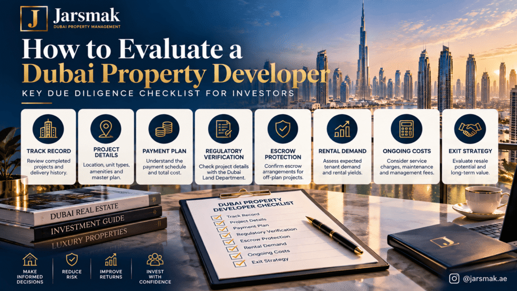 **ALT text:**  
How to evaluate a Dubai property developer with an investor due diligence checklist covering track record, project details, payment plans, regulatory verification, escrow protection, rental demand, ongoing costs and exit strategy.