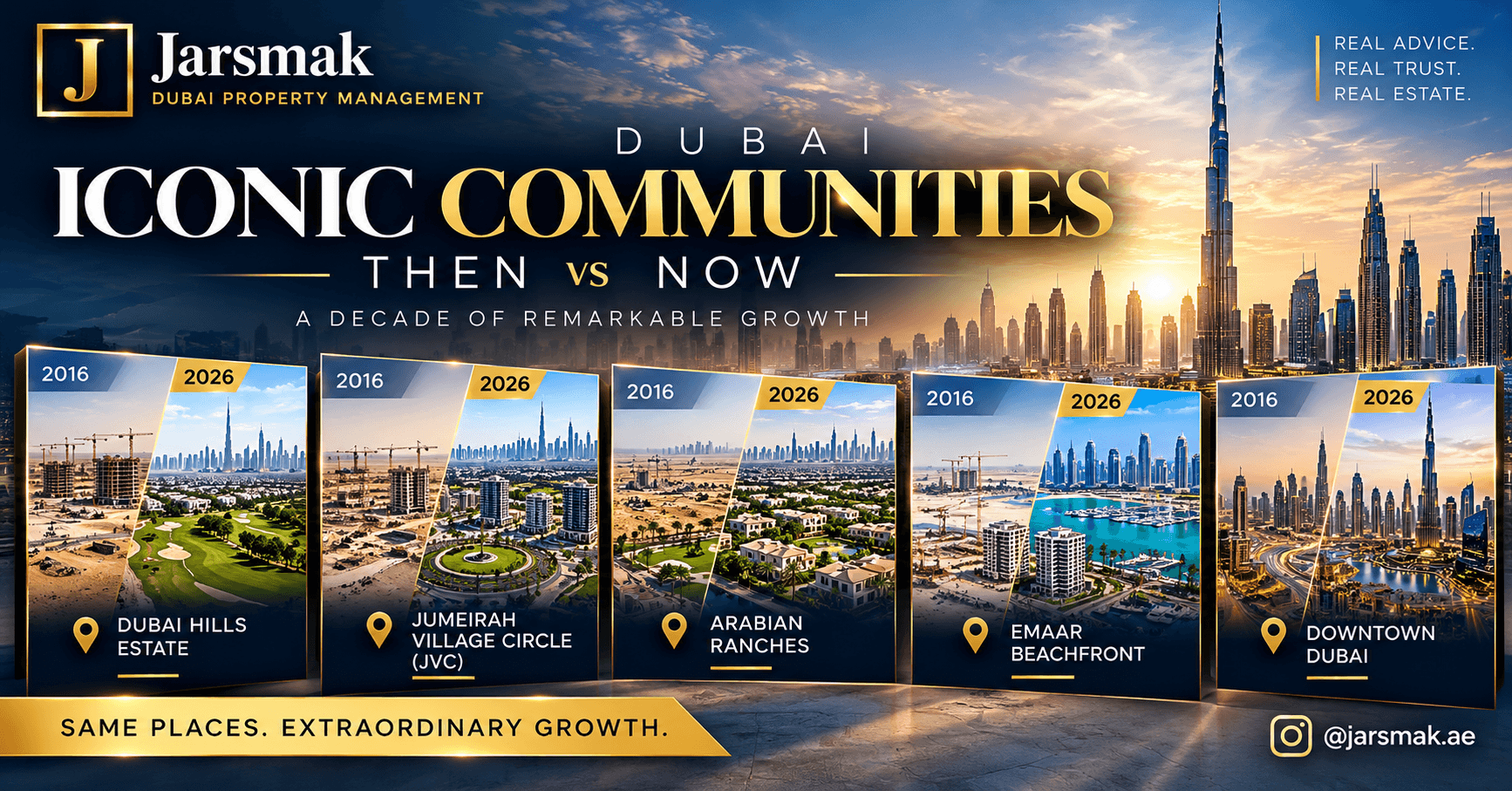 Dubai iconic communities from 2016 to 2026, showcasing the transformation of Dubai Hills Estate, JVC, Arabian Ranches, Emaar Beachfront and Downtown Dubai.