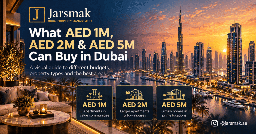 Dubai property budget guide showing what AED 1M, AED 2M and AED 5M can buy in Dubai