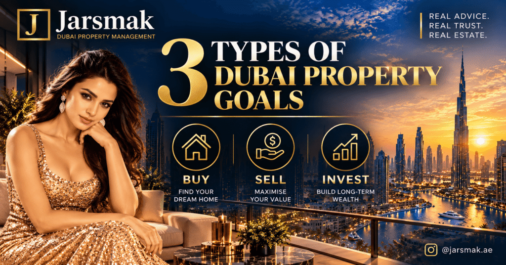 Jarsmak Dubai Property Management banner featuring three Dubai property goals—buy, sell and invest—with Samantha in a gold gown, the Burj Khalifa skyline at sunset, luxury interiors and @jarsmak.ae branding.