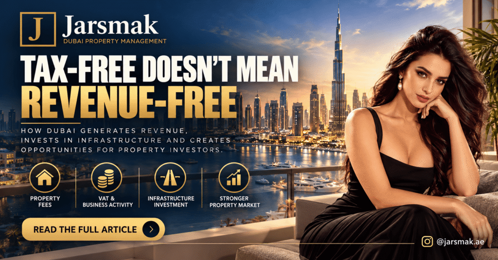 Jarsmak Dubai tax-free economy featured image showing the Burj Khalifa skyline at sunset, explaining how property fees, VAT, business activity and infrastructure investment contribute to Dubai’s economy. Features Jarsmak Dubai Property Management branding and @jarsmak.ae.