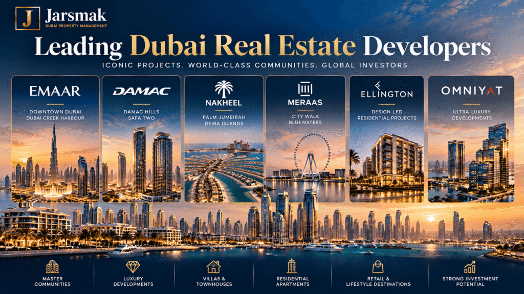 Leading Dubai real estate developers including Emaar, DAMAC, Nakheel, Meraas, Ellington and OMNIYAT, shown across Dubai's luxury skyline.