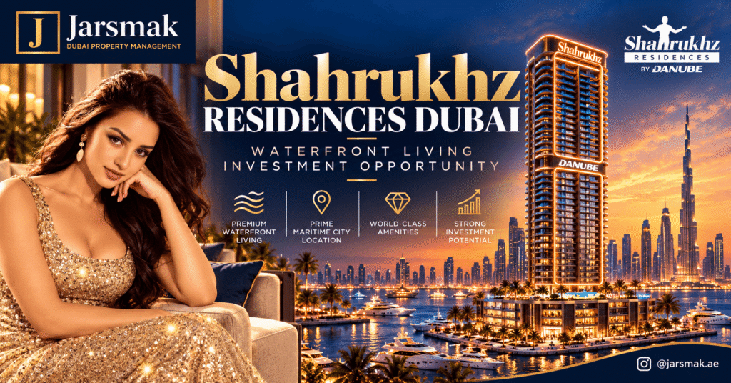 Promotional social media graphic for Shahrukhz Residences by Danube in Dubai Maritime City, highlighting luxury waterfront apartments, starting prices from AED 1.665 million, flexible 30/70 and 60/40 payment plans, limited-time rebates, DLD waiver offers, and potential investment benefits until 31 October 2026. The post invites viewers to DM “SHAHRUKHZ” to @jarsmak.ae for availability and property guidance.