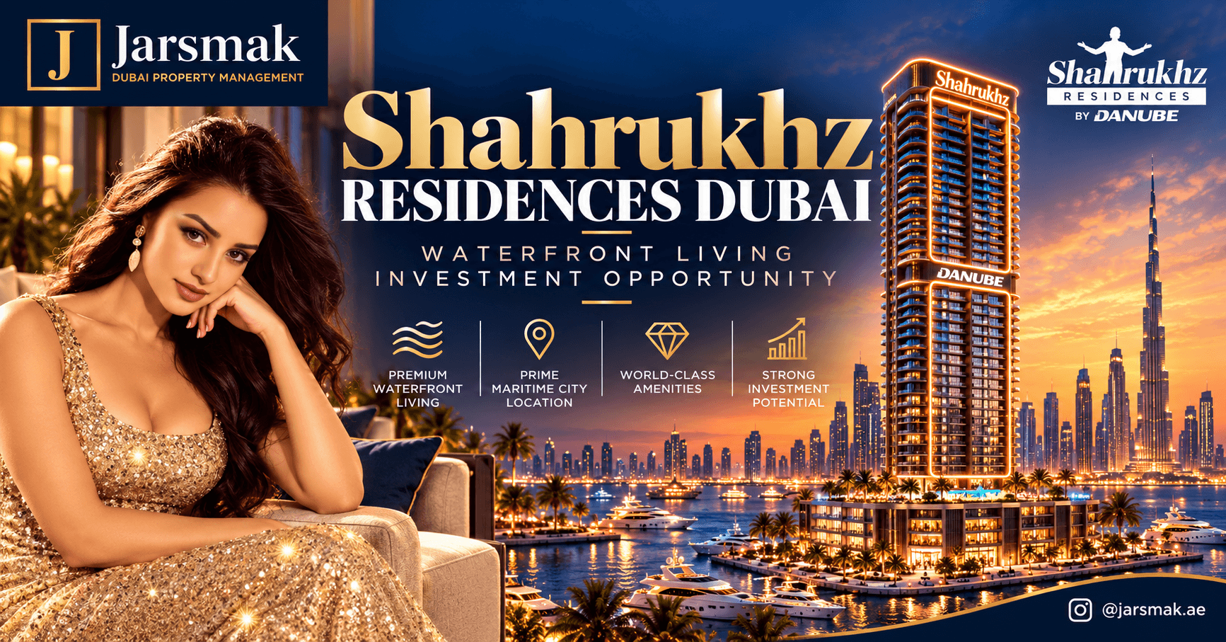 Promotional social media graphic for Shahrukhz Residences by Danube in Dubai Maritime City, highlighting luxury waterfront apartments, starting prices from AED 1.665 million, flexible 30/70 and 60/40 payment plans, limited-time rebates, DLD waiver offers, and potential investment benefits until 31 October 2026. The post invites viewers to DM “SHAHRUKHZ” to @jarsmak.ae for availability and property guidance.