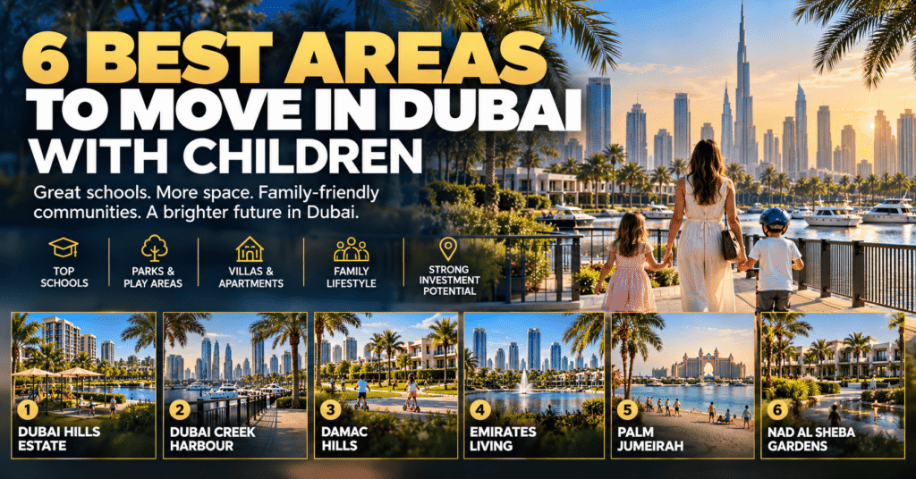 6 family-friendly areas in Dubai for children, including Dubai Hills Estate, Dubai Creek Harbour, DAMAC Hills, Emirates Living, Palm Jumeirah and Nad Al Sheba Gardens.