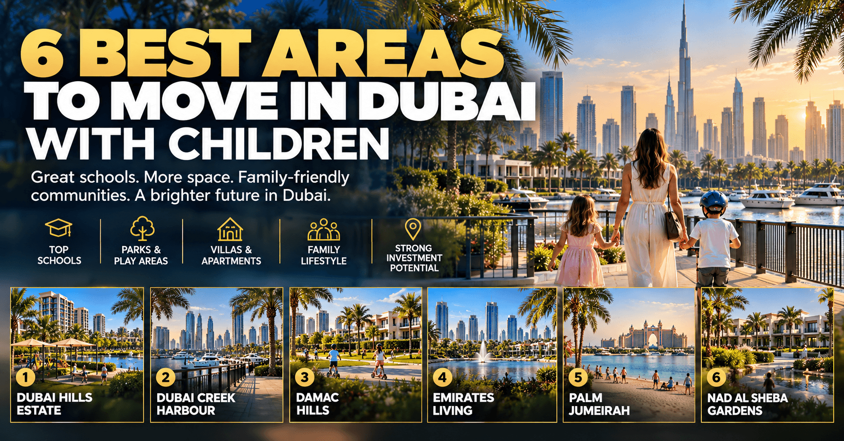 6 family-friendly areas in Dubai for children, including Dubai Hills Estate, Dubai Creek Harbour, DAMAC Hills, Emirates Living, Palm Jumeirah and Nad Al Sheba Gardens.