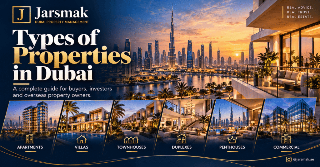 Types of properties in Dubai featuring apartments, villas, townhouses, duplexes, penthouses and commercial buildings against the Dubai skyline at sunset, with the Burj Khalifa and Jarsmak Dubai Property Management branding.